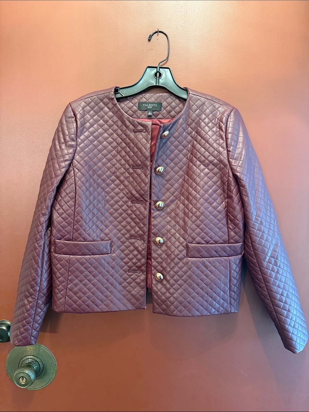 Talbots Quilted Collarless Leather Jacket in Wine